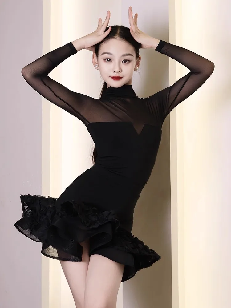 أطفال الشتاء شبكة سوداء طويلة الأكمام الفتيات فستان رقص اللاتينية تشاتشا رومبا ملابس الرقص أزياء مسرحية مرحلة ارتداء DQL12009