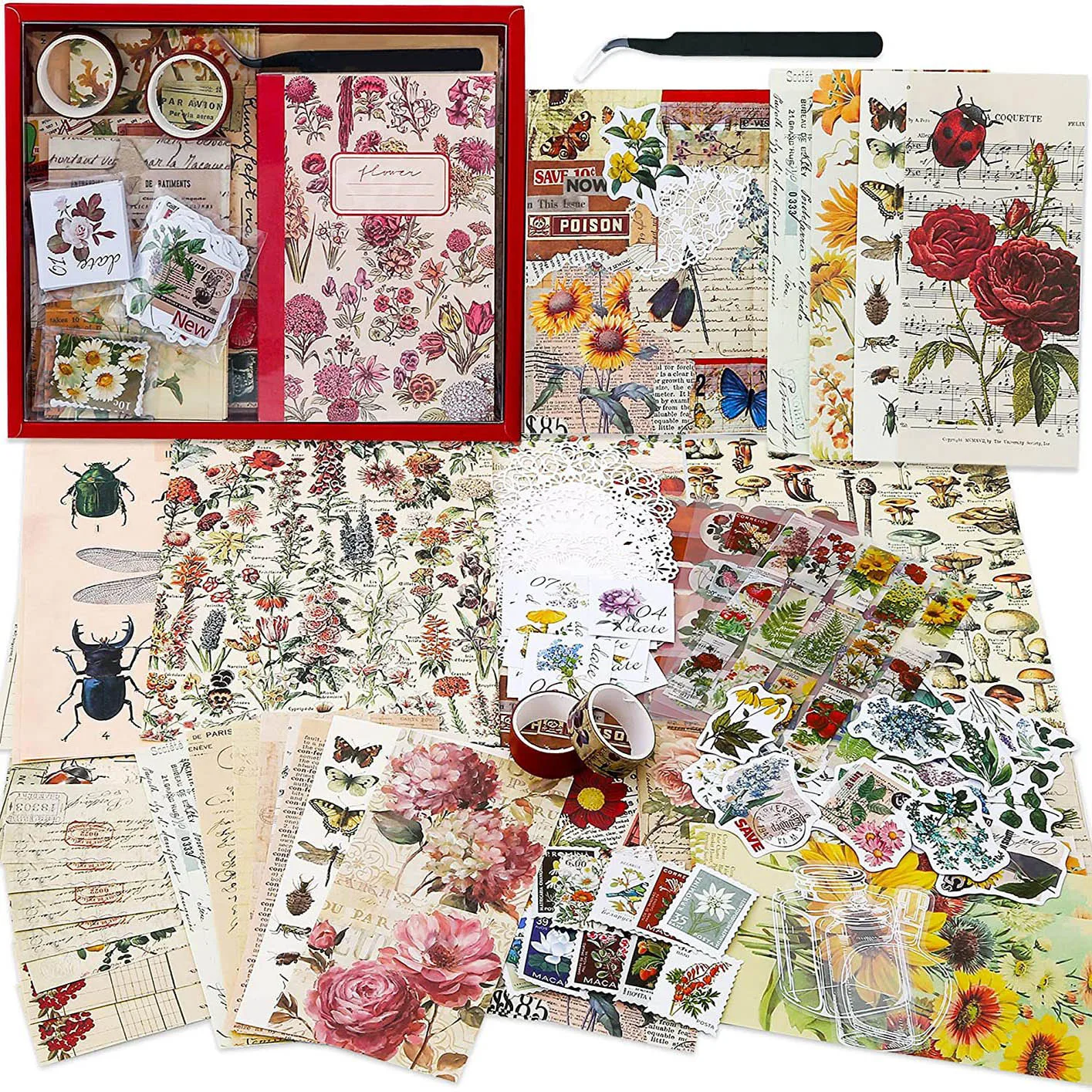 310Pcs Vintage Aesthetic Material Paper Set Plant Flower Stickers Washi Tape A6 Notebook for DIY Scrapbooking Journal Planner