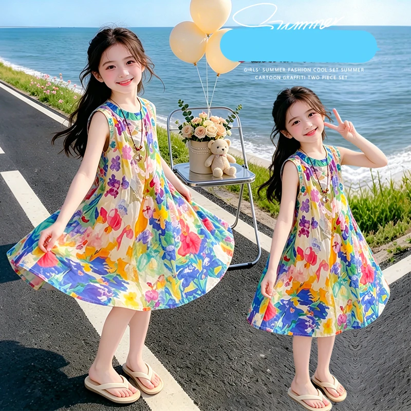 Kids Children Fashion Street Summer Beach Sleeveless Chiffon Oil Painting Dress for Tween Girls Elegant Colorful Drawing Dresses