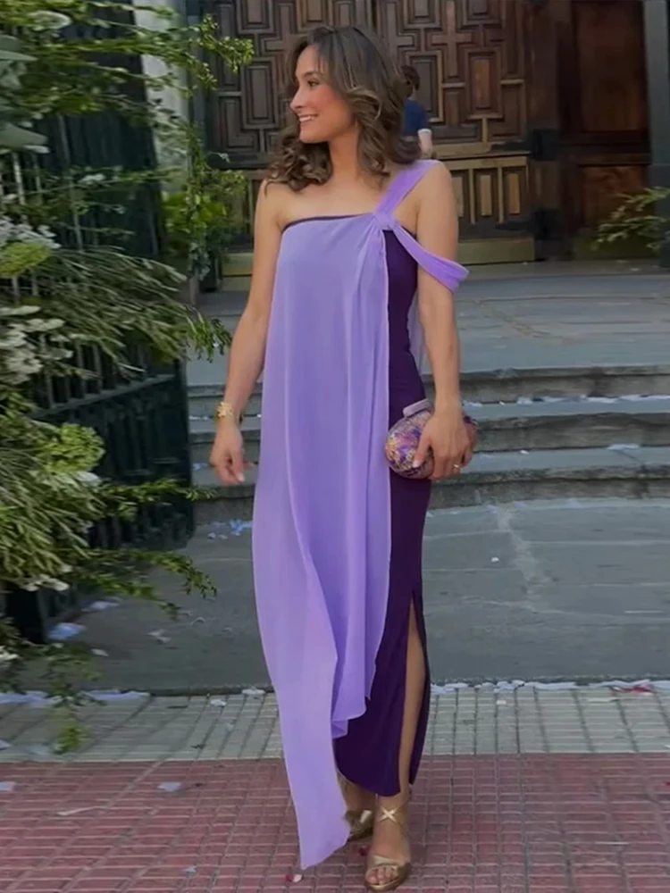 Sexy Purple Mesh One-shoulder Dress Women Bow Pleated Asymmetrical Empire Female Long Dresses 2024 Summer Holiday  Lady Robe