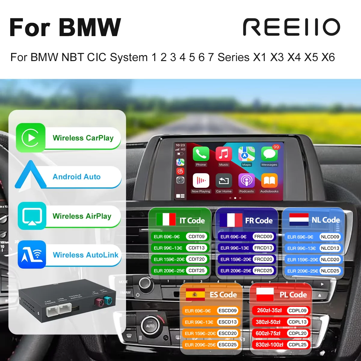 CarPlay Android sans fil pour système BMW NBT CIC séries 1, 2, 3, 4, 5, X1, X3, X4, X5, F20, F21, F30, F31, F34, F10, F48, F25, F26, F15, F60, F10, E84. Prend en charge la caméra, AirPlay, la