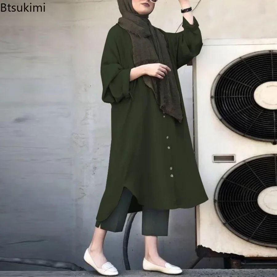 2026 Mid East Muslim Fashion Abayas for Women Vintage Long Sleeve O-neck Shirt Dress Tops Women Casual Loose Blouse Modest Robe