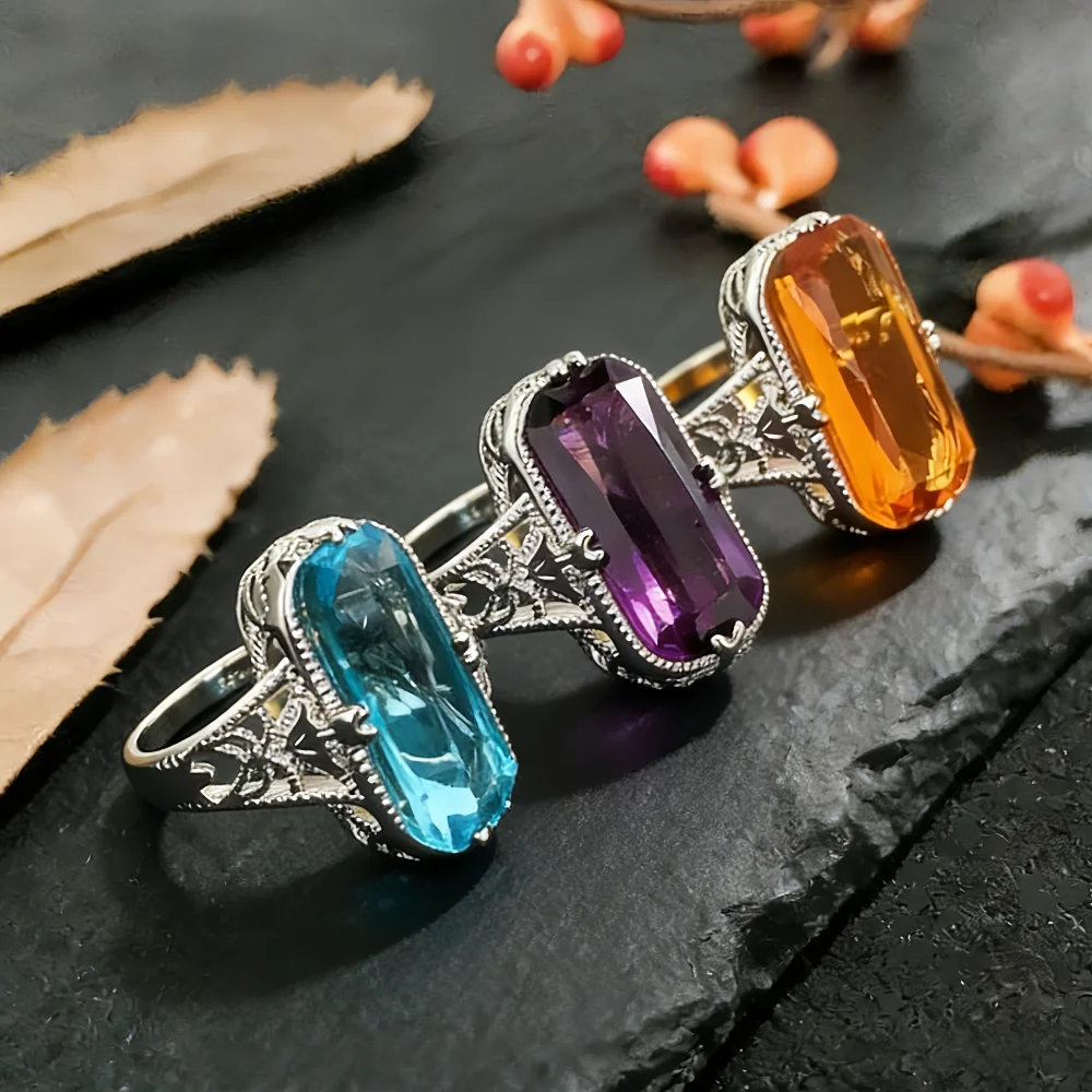 

10x20mm Square Amethyst Ring, Sterling Silver Statement Ring with Floral Carving, Women's Fashion Jewelry for Special Occasion