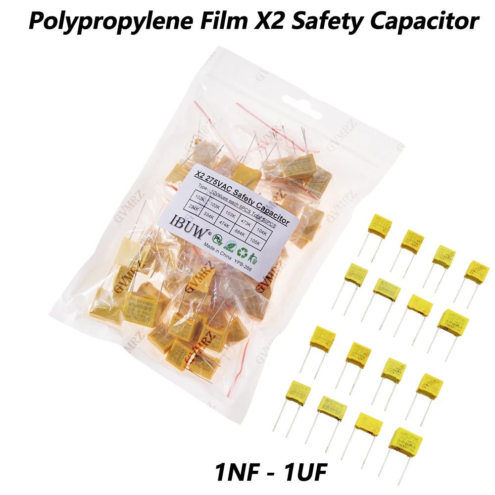 50pcs/Lot Polypropylene Film X2 Safety Capacitor Assorted Kit 275VAC 10Values Each 5pcs 1NF - 1UF X2 102K 103K 473K 104K 224K