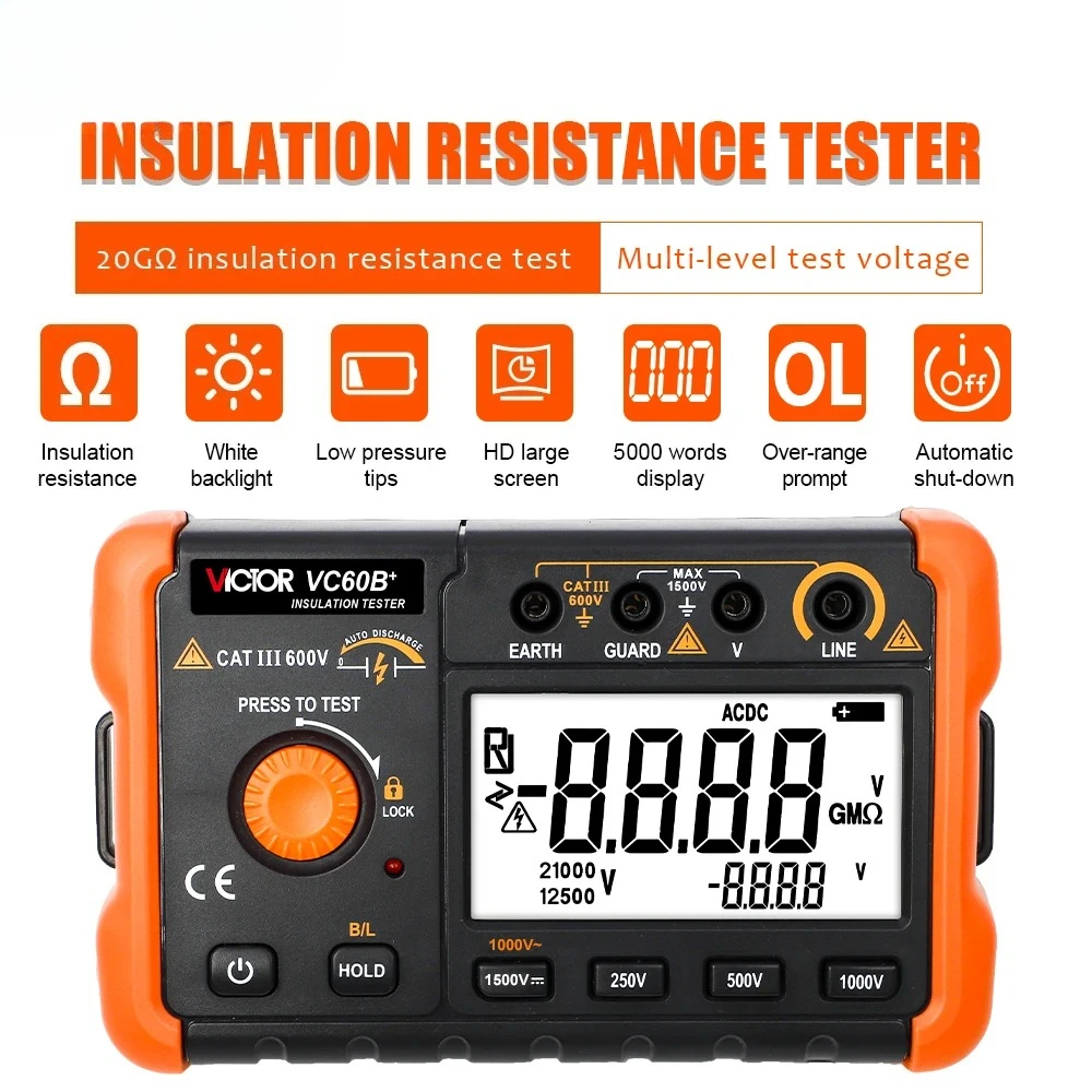 

VC-60B Plus Digital Insluation Resistance Tester Earth High Voltage Voltmeter Meter Megohmmeter Ohm Tester Measuring Tools