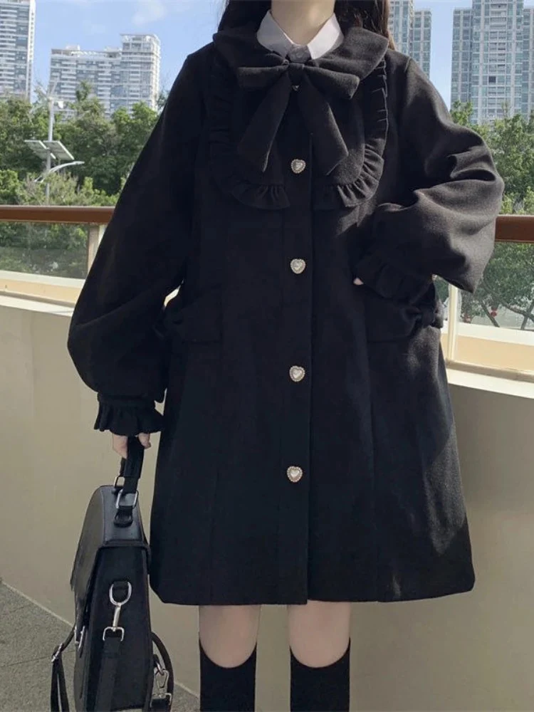 Japanese Sweet Bow Preppy Style Coat Women Patchwork Ruffled Harajuku A-line Jackets Y2k Aesthetic Grunge Single Breasted Jacket #5