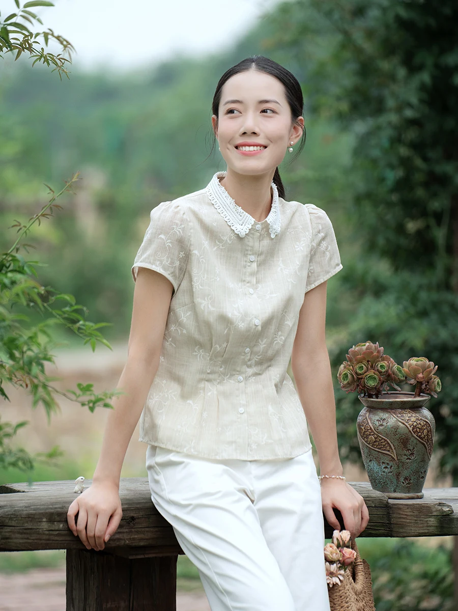 

Женская блузка с принтом и воротником-стойкой, абрикосового цвета, с дизайнерскими вставками, для повседневной носки