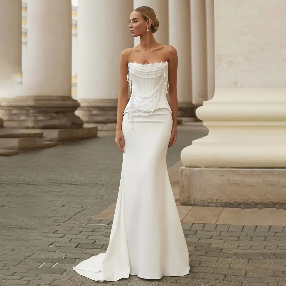 

Элегантное атласное свадебное платье русалки по индивидуальному заказу, выполненное на заказ, 2025, без бретелек, Vestido De Noiva, свадебное платье с постером для женщин