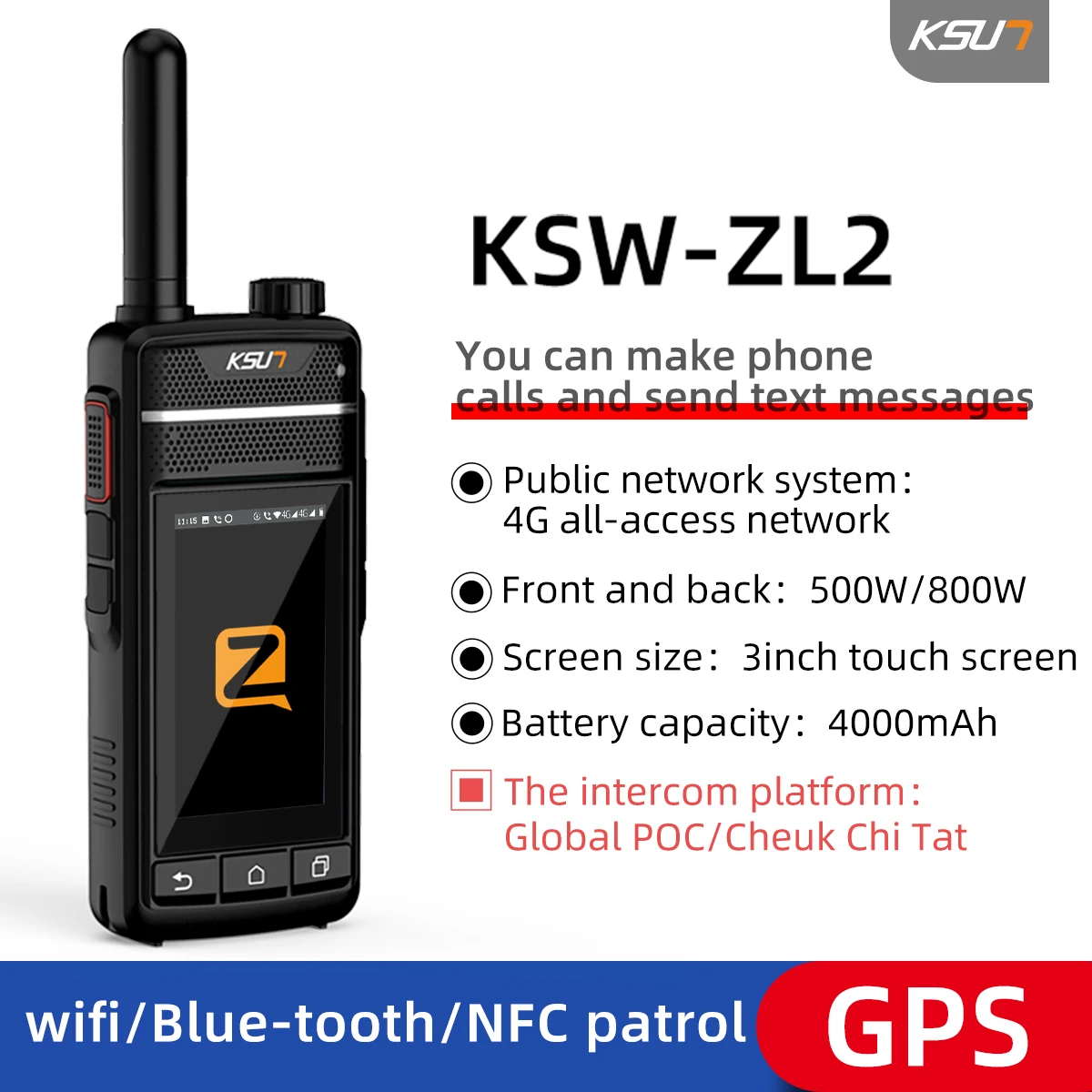 

KSUT ZL2 Zello Global POC 4G Visual Walki Talki Wifi GSM Blue Tooth NFC GPS FM Radio Smart Walkie Talkie