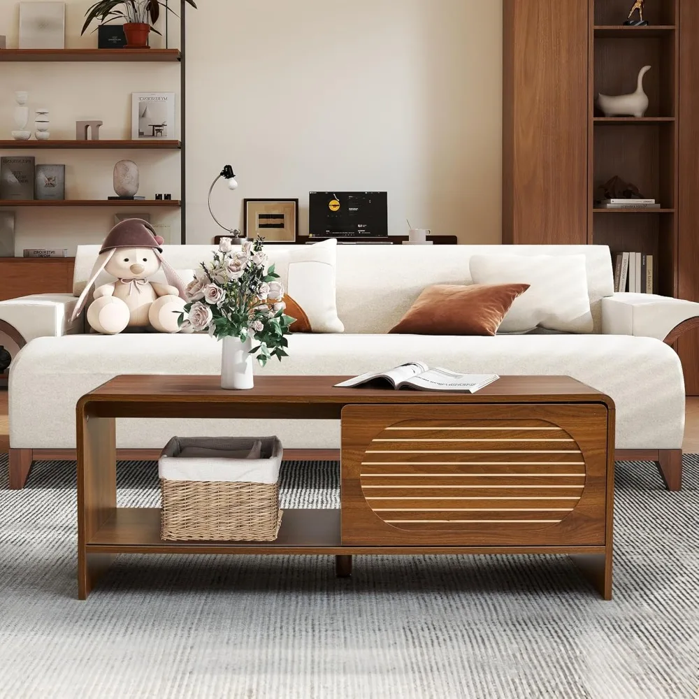 

43.3“ Mid Century Modern Coffee Table with Storage, Curved Profile Wood Coffee Table with Sliding Arched Door, Farmhouse Table