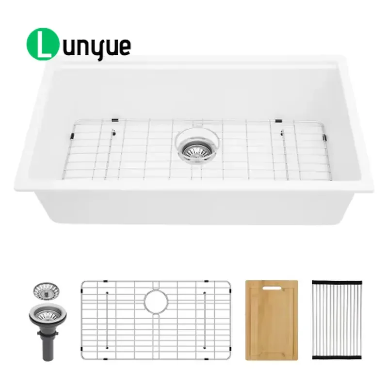 White Composite Quartz Granite Undermount Kitchen Sink Single Bowl 33x19 Inch Modern Design Durable Stone Material for Home
