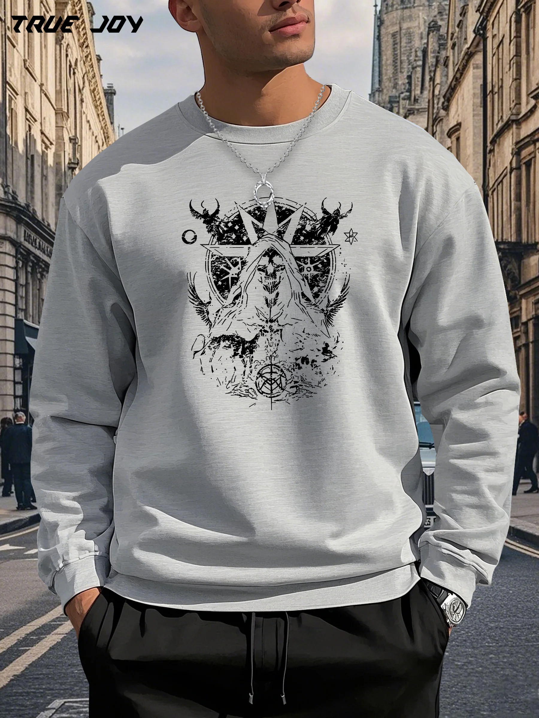 سترة TRUE JOY للرجال باللون الرمادي الفاتح - بلوفر فضفاض بأكمام طويلة ورقبة دائرية، سترة كاجوال ناعمة للاستخدام اليومي لخريف/شتاء #1