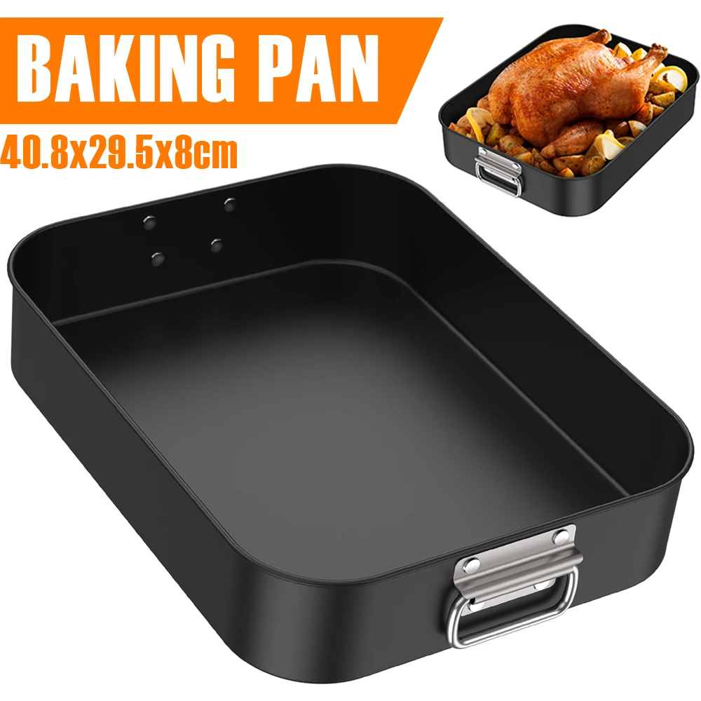 Deep Baking Pan Rectangle Carbon Steel Chicken Roasting Pan with Stainless Steel Handles Nonstick Cake Bakeware for Kitchen Oven