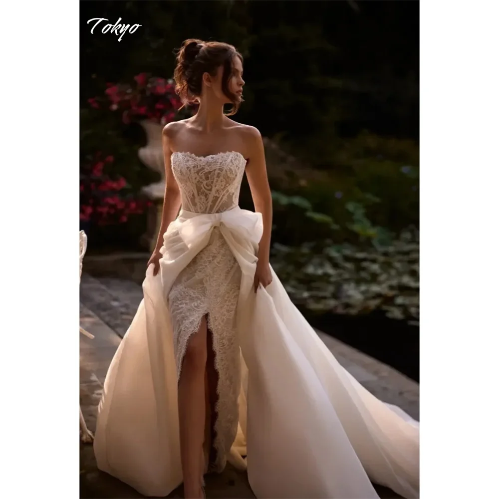 Tokyo – robe de mariée blanche sans bretelles, personnalisée, manches détachables, traîne en dentelle, fermeture éclair au dos, fente latérale haute