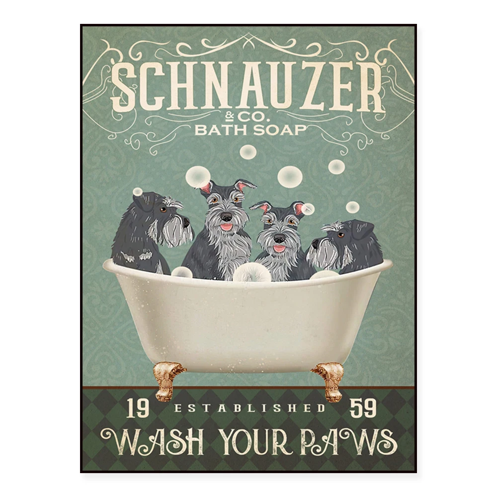 تأسيس عام 1959 من شركة Schnauzer and Co. يتضمن صابون الحمام وطبعات المخالب وملصقات الكلاب وديكورات الحمام. #1