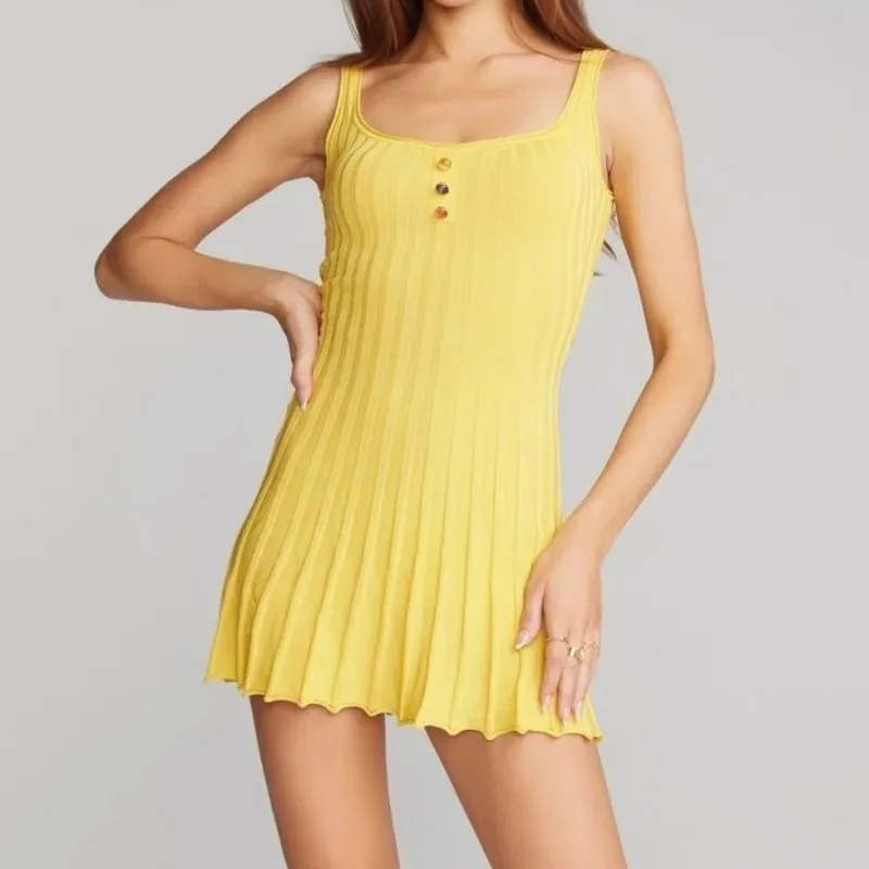 

HOUZHOU Casual Tank Knitted Mini Dress Women Sweet Sleeveless Bodycon Dresses Butter Yellow Korean Fashion Elegant Strap Dresses