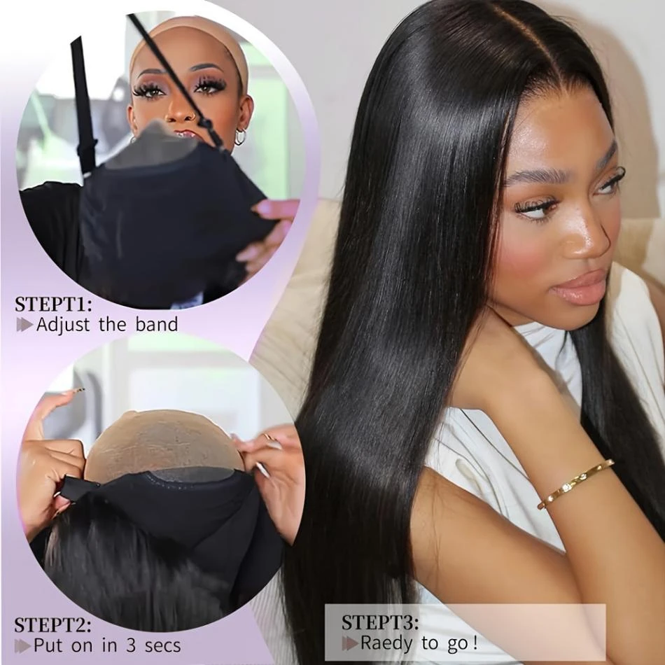 Smilegirl 24 Inches Straight Glueless Wigs Human Hair Preplucked PreCut 220 Density Drawstring 4x4 5x5 Hd Lace Front Wig Wear And Go Natural Color image 5