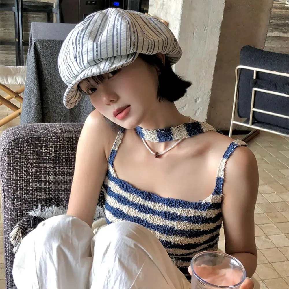 

New Spring Summer Striped Berets Y2k Sunscreen Octagonal Hat Thin Casual Painter Caps Female