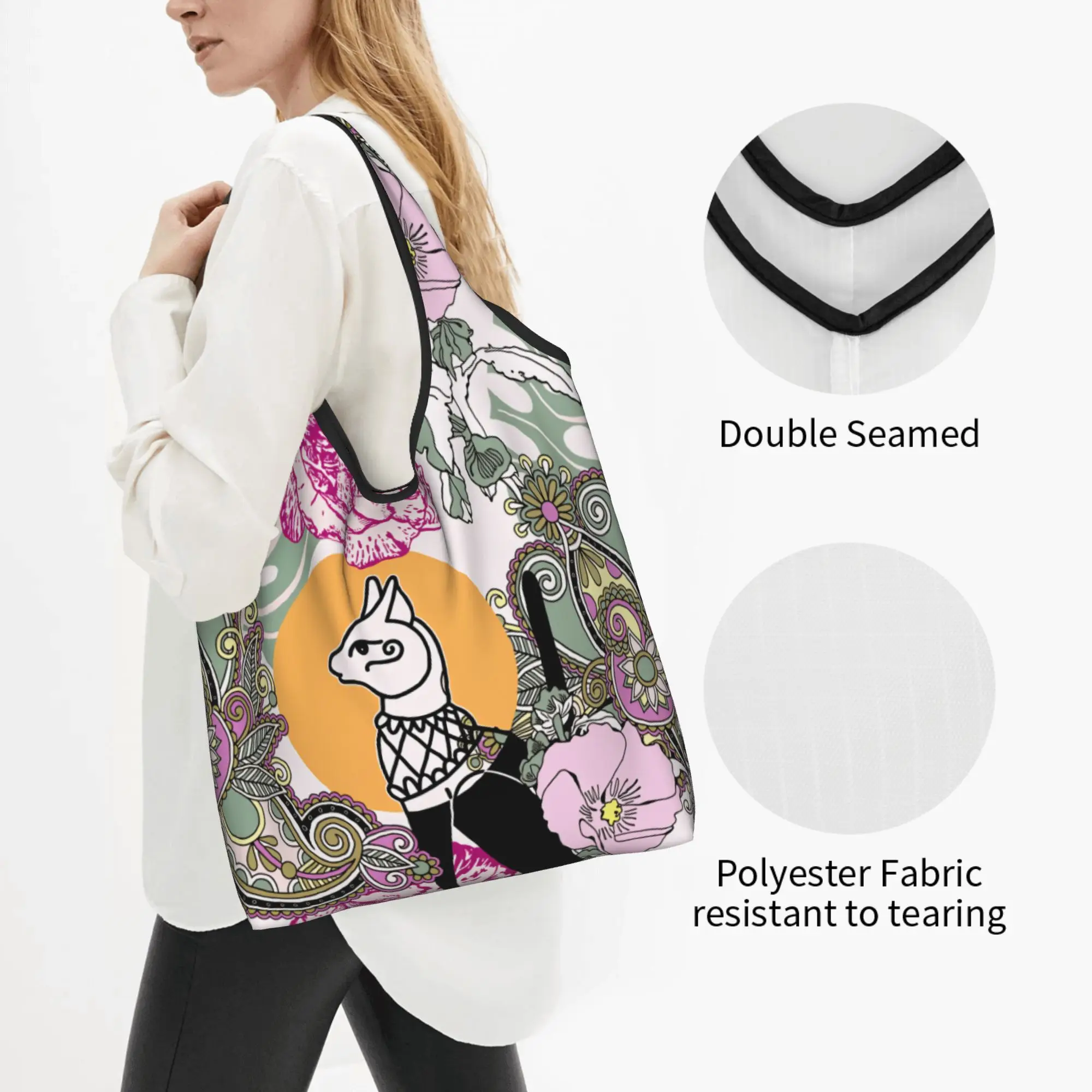 Fashion Printed Egyptian Bastet Cat Goddess Shopping Tote Bags Portable Shoulder Shopper Carnation Flowers Handbag