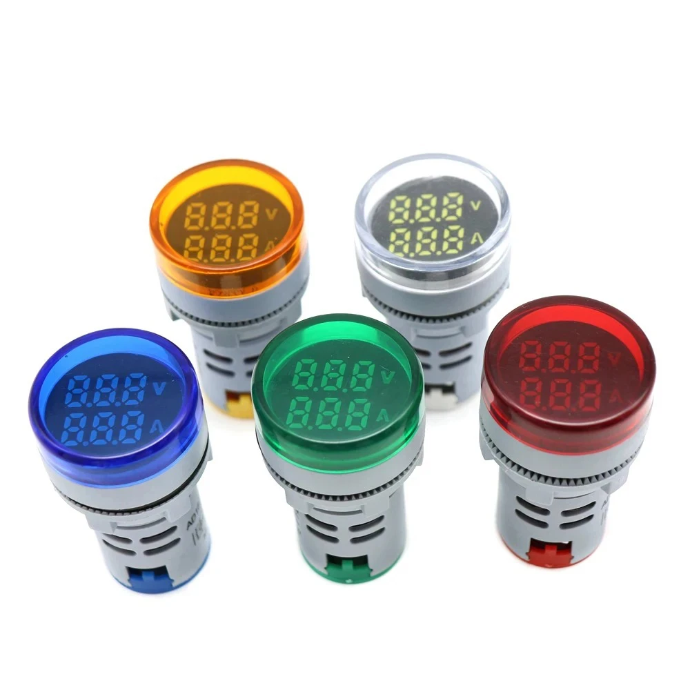 22mm Ac 20-500V 0-100A Round Mini Digital Voltmeter Ammeter Amp Volt Voltage Tester Meter Dual Led Indicator Pilot Lamp Light