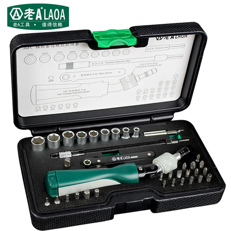 LAOA 36 in 1 Ratchet Screwdrivers Sockets Set 180 degrees turn hand shank technical grade Material Sockets Screwdriver