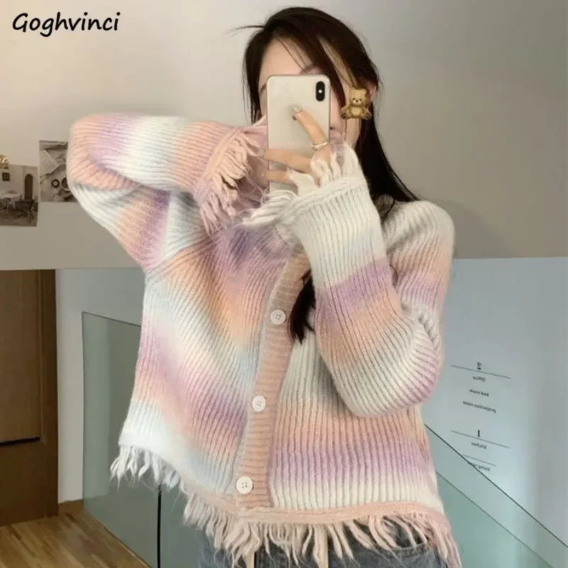 

Cardigans Women Tassel Sweaters Loose O-neck All-match Long Sleeve Rainbow Chic Simple Students Korean Fashion Casual Ins Spring