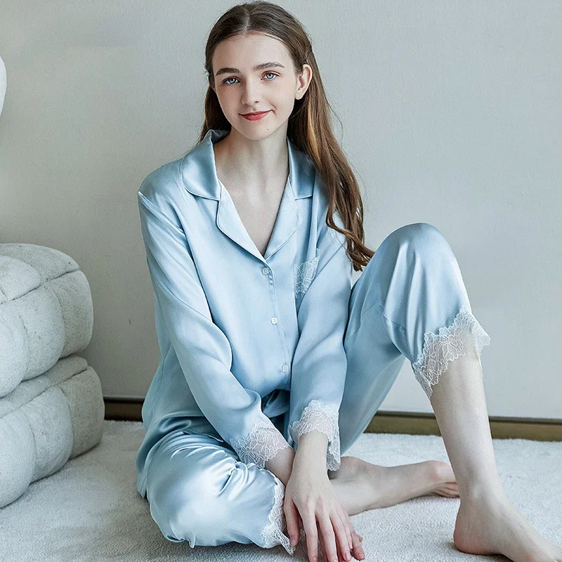 

Women's 19 Momme 100% Mulberry Silk Lace Trim Pajamas Suit Spring Long Sleeve Top & Trousers Sleepwear Sexy Lounge Wear Pajama