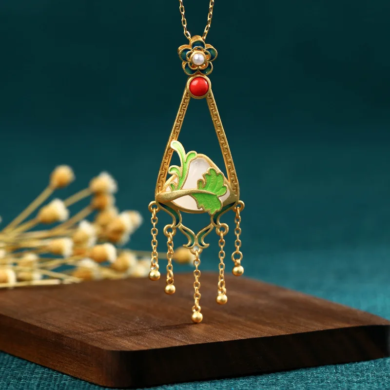 

China Style Jewelry Enamel Color Frop Glaze Craft Flower Tree White Jade Gold Copper Alloy Tassel Collarbone Necklaces for Women