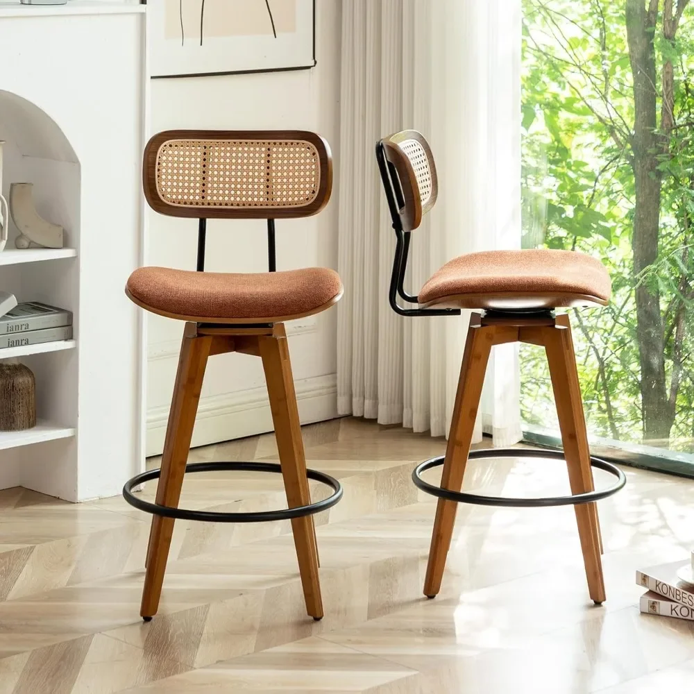 26" Rattan Bar Stools Set of 2 Linen Fabric Counter Height Swivel Barstools with Rattan Backrest and Wooden Legs,Armless Mid