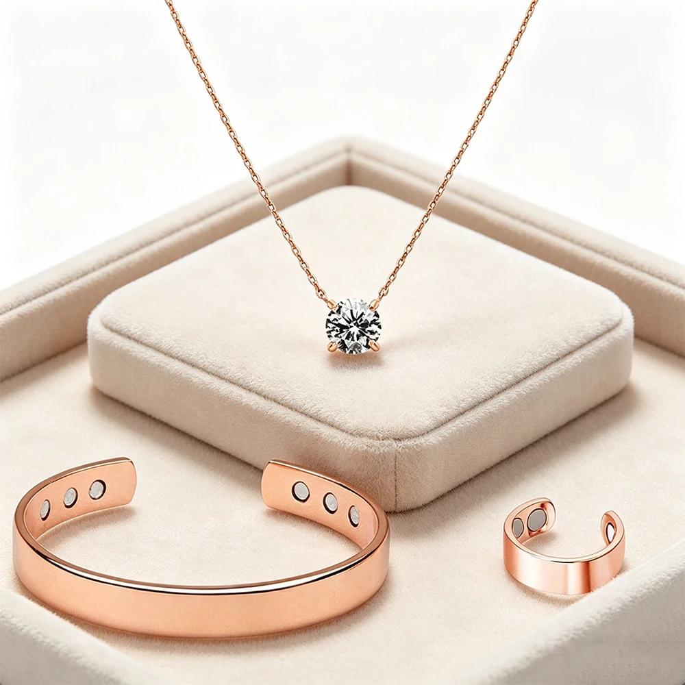 3Pcs/Set Rose Gold Magnetic Health Jewelry Set for Women, Crystal Pendant Necklace & Cuff Bangle & Ring Set, Adjustable Energy T