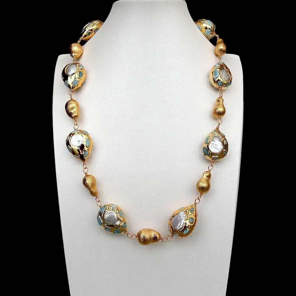 KKGEM Natural Cultured White Freshwater Pearl Blue Larimar Chips Pave Teardrop Shape Gold Brushed Teardrop Wrap Necklace 24'