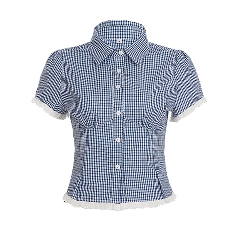 

Утягивающий клетчатый кардиган с рюшами в стиле пэчворк и v-образным вырезом, синий ретро, пикантный женский открытый кардиган, футболка с короткими рукавами