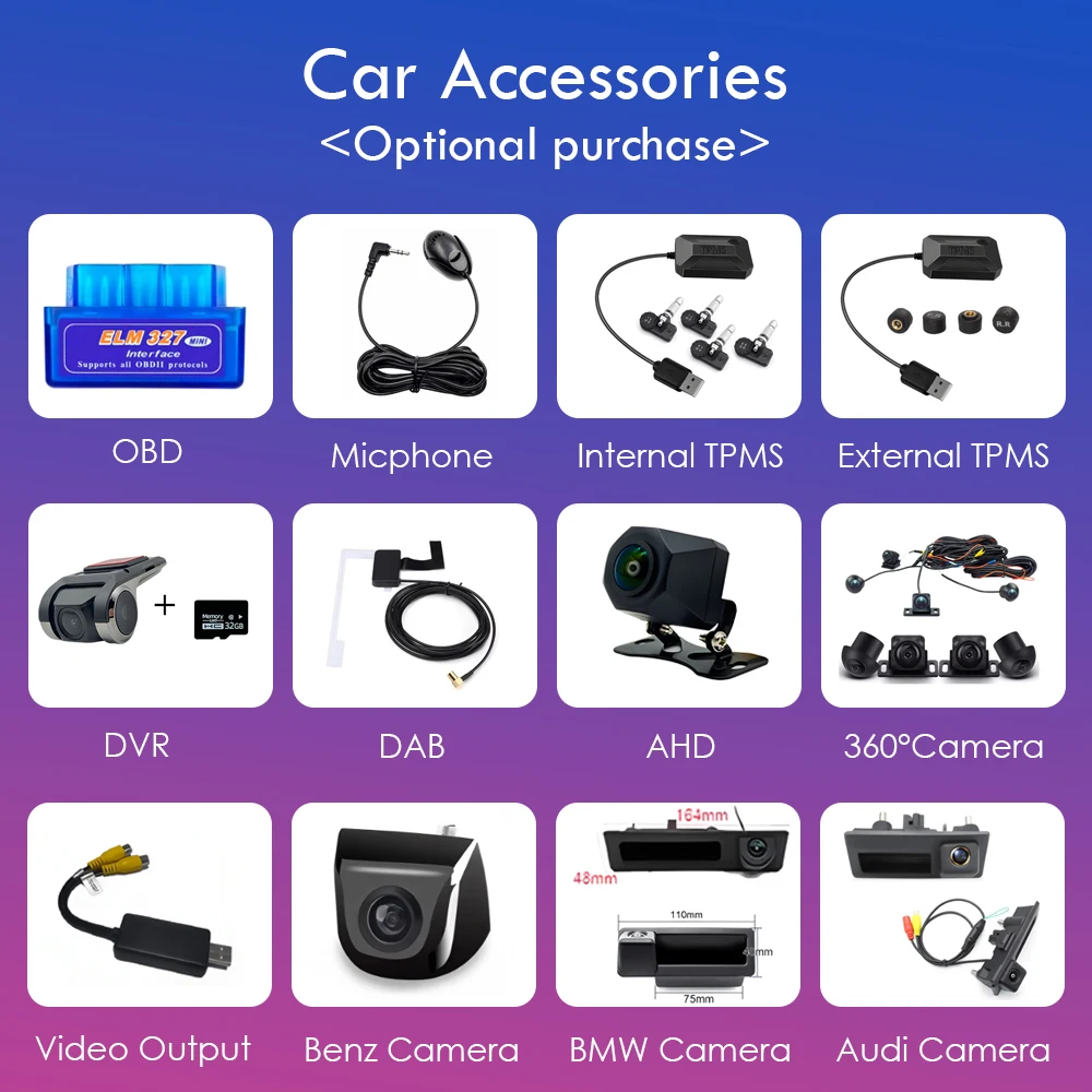 

Автомобильный радиоприемник, мультимедийные автомобильные аксессуары для AHD, камера заднего вида, USB-видеорегистратор, камера 360, TPMS, инструменты OBD, микрофон Android