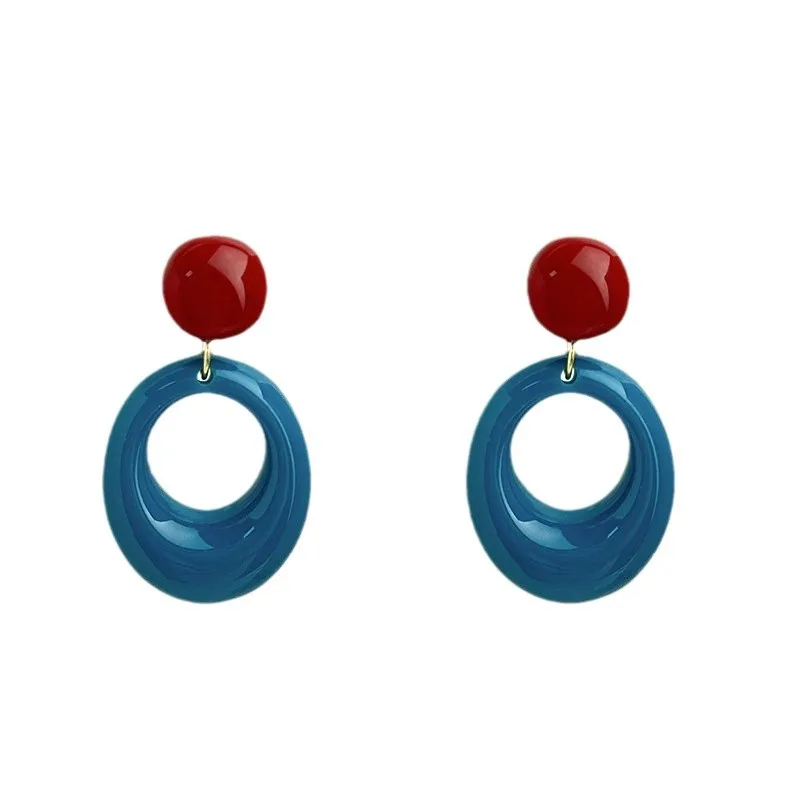 Retro Gentle Red And Blue Contrasting Colors Elliptical Hoop Earrings For Women Simple Resin Drop Earrings Party Jewelry Gifts