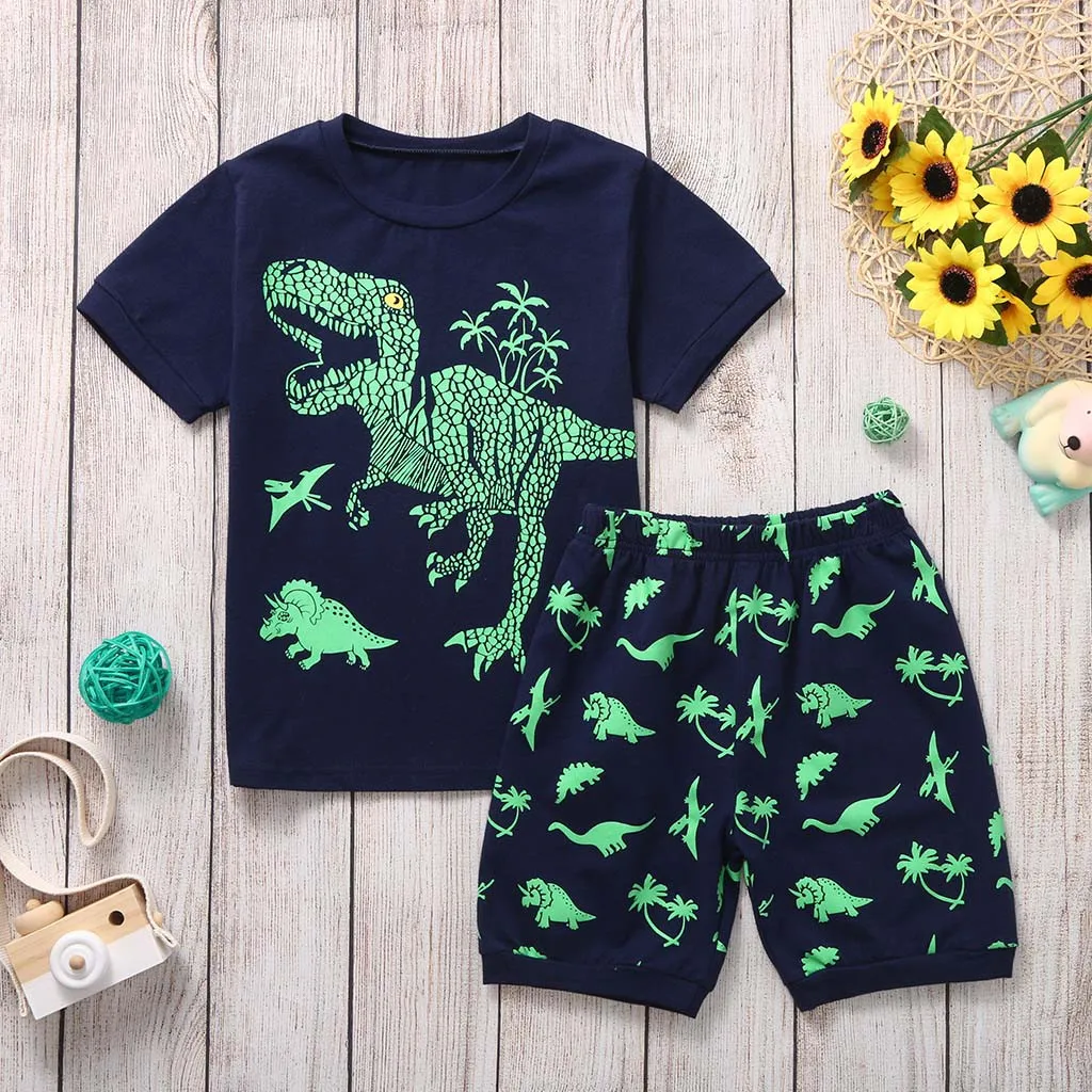 

Set Print Dinosaur Pajamas Shorts Buckle Collar Short SleevedBoys Tops Pants Toddler Baby Kids Sleepwear Boys Outfits&Set