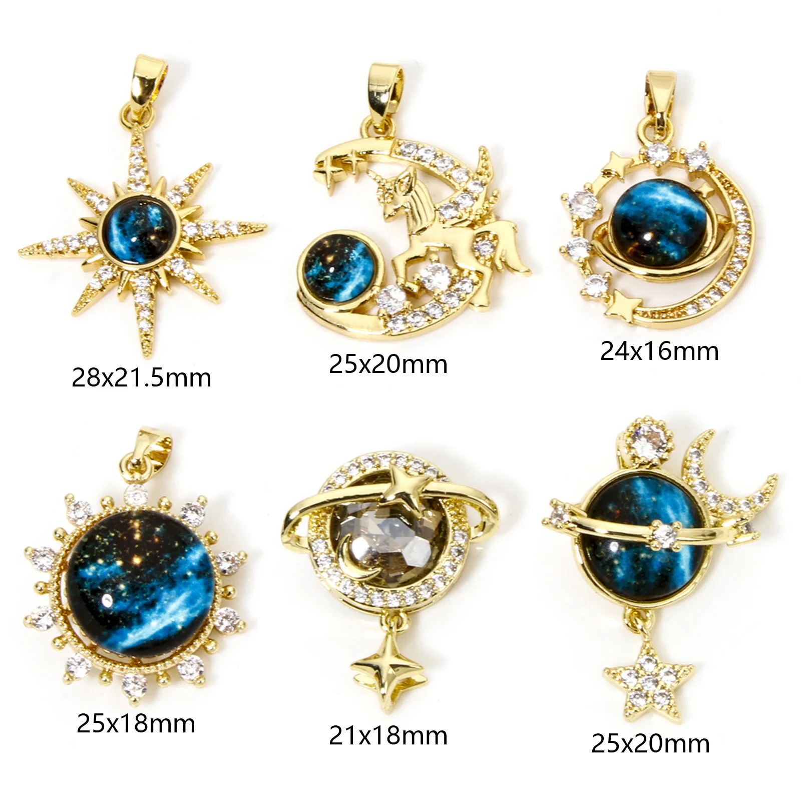 1pc Brass Charms Gold Color Galaxy Sun Moon Multicolor Glass Cabochons Pendant DIY Necklace For Women Party Jewelry Findings