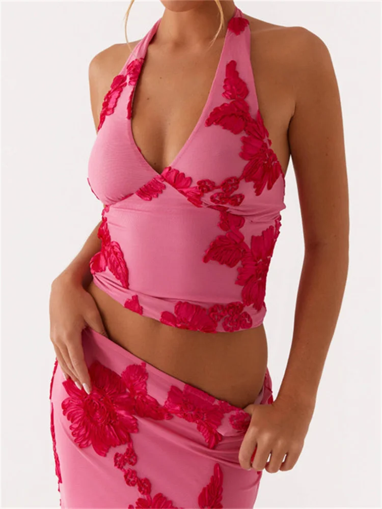 

CHRONSTYLE Floral Embroidery Halter Tie-up Backless Tank Crop Tops for Women Sexy Off Shoulder Deep V-neck Slim Fit Summer Vest