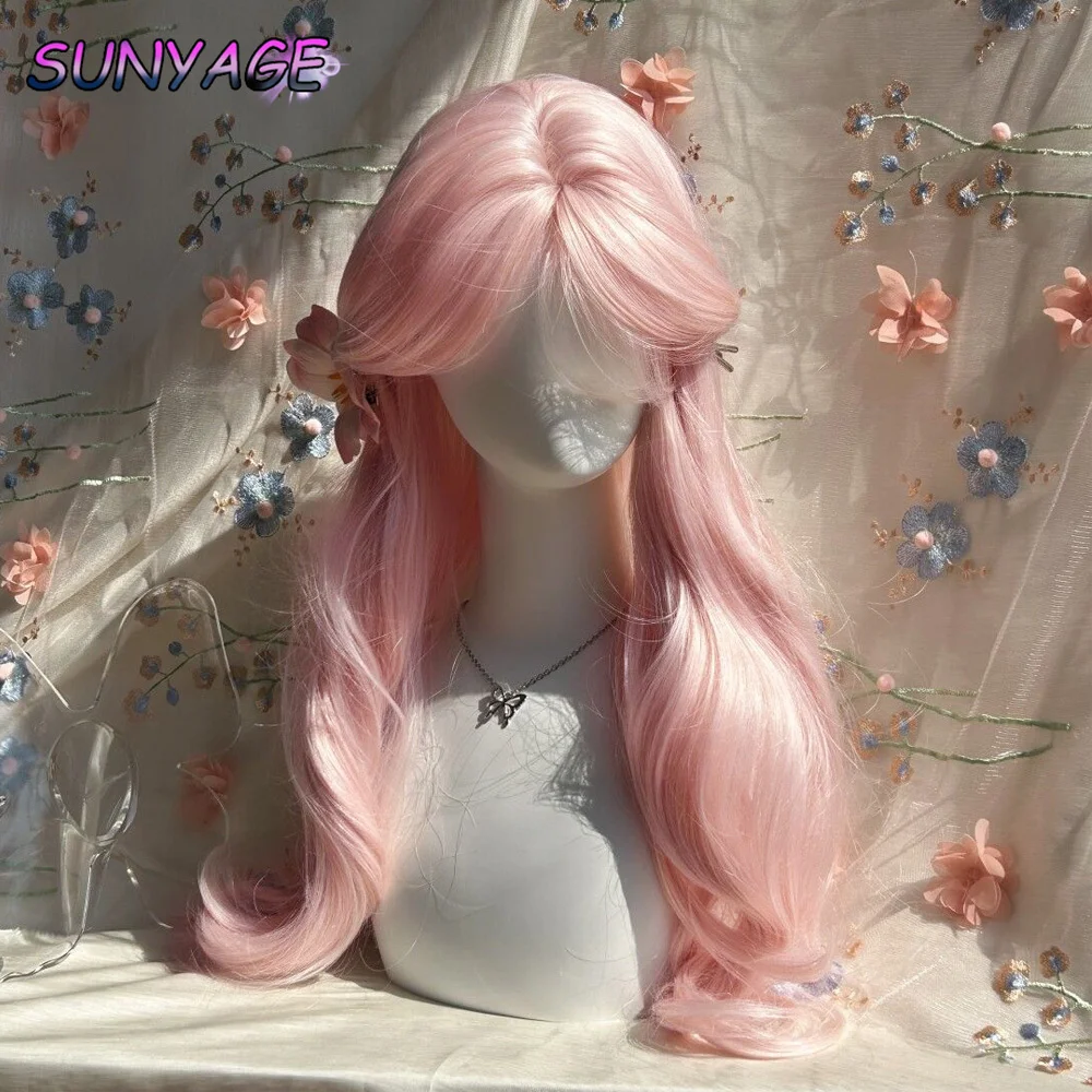 SUNYAGE Ashely Pink Wig for Women Long Wavy Cosplay Wigs Natural Soft Sweet Synthetic Wig for Daily Use School Life Lolita Wig P image 2