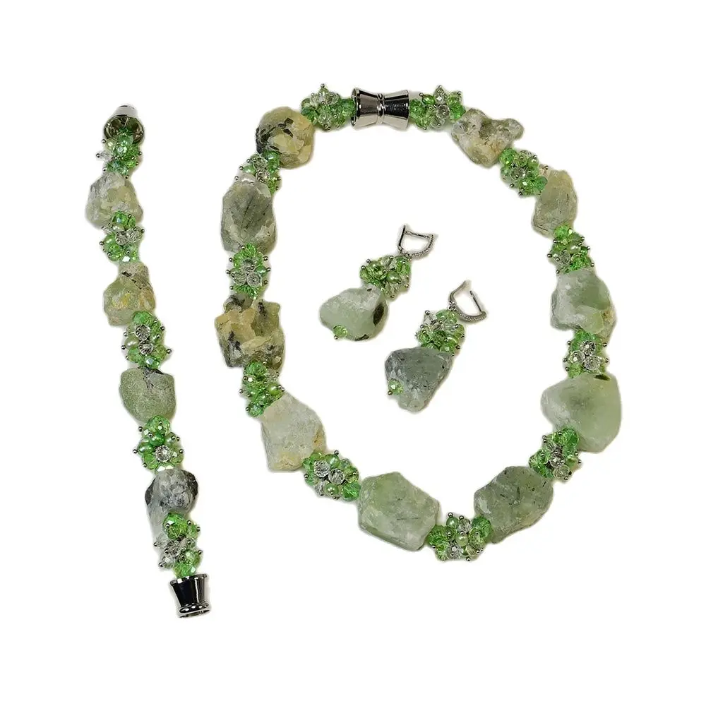 

G-G Natural Green Prehnite Rough Raw Cultured Keshi Pearl Crystal Necklace Bracelet Earrings Sets Handmade For Women