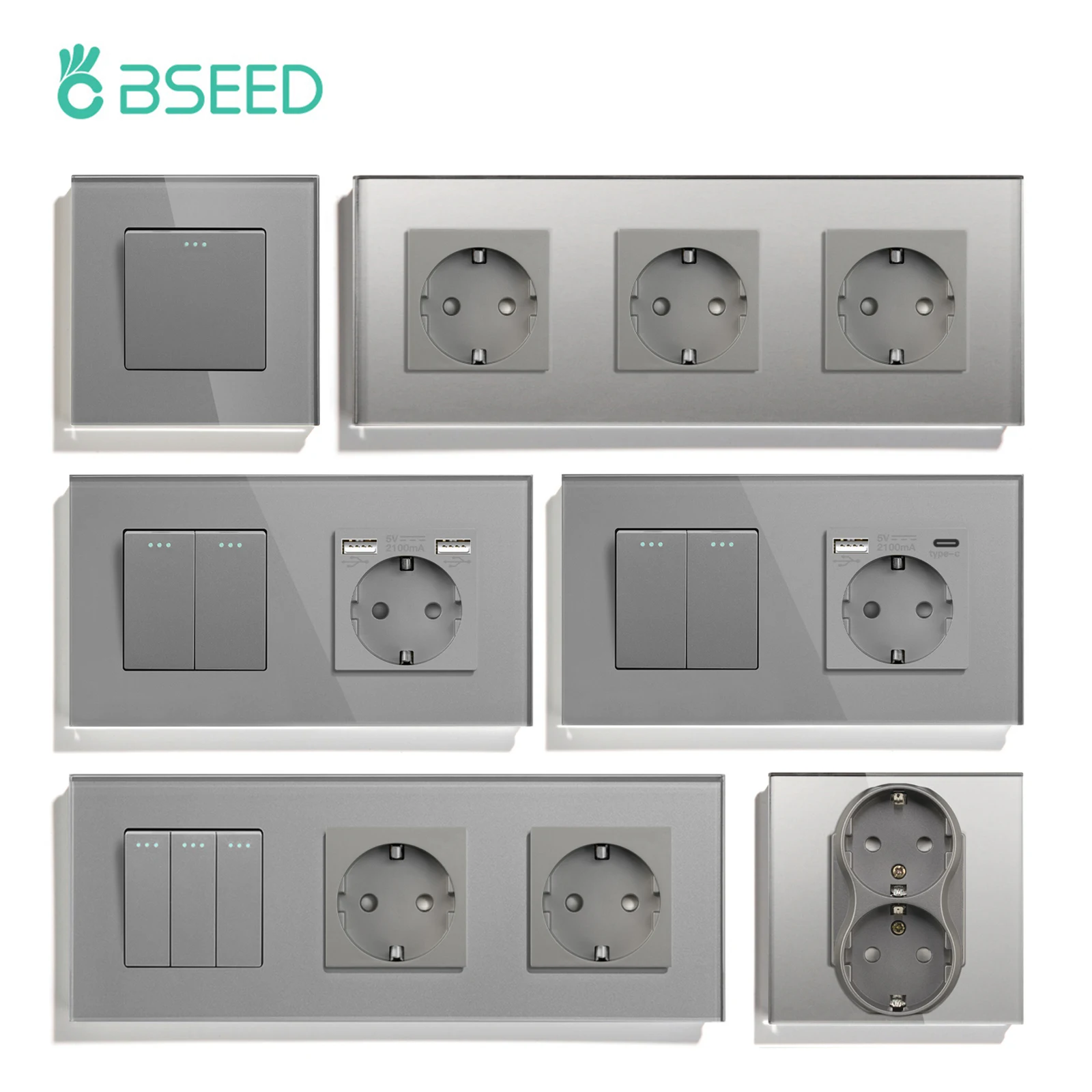 

BSEED Mechanical Wall Button Switch 1/2/3Gang 1Way With Wall Power Socket Glass Frame USB Type-C Charge Port Home Improvement