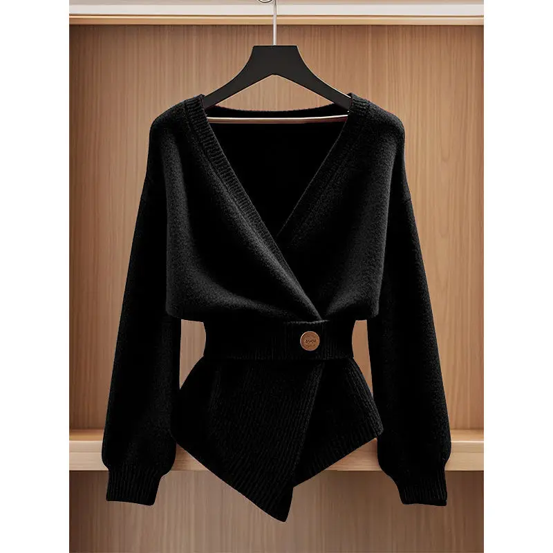 V-neck Knitting Cardigan Women Autumn Winter Simplicity Office Lady Solid Color Sweater Coat Elegant Temperament Knitwear Tops