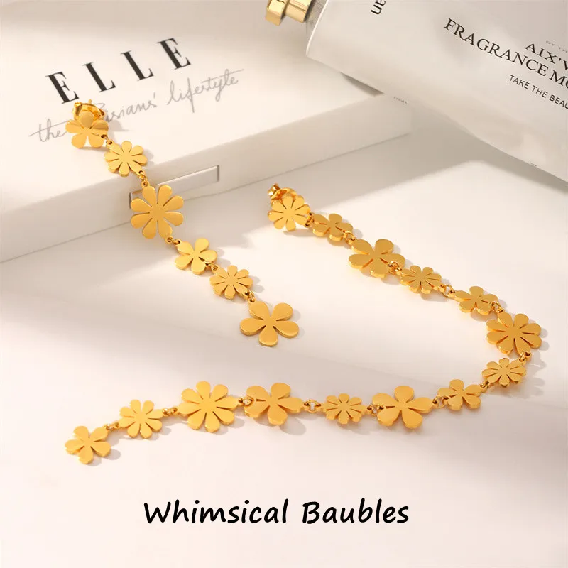 

Summer Stainless Steel Light Luxury 18K PVD Plated Long Symmetrical Small Daisy Pendant Earrings Women Statement Jewelry