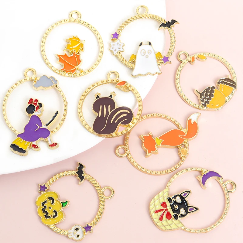 10pcs Halloween Theme Enamel Charms with Cute Black Cat, Witch, Ghost, Bat and Pumpkin Designs for DIY Fun Necklace & Earrings