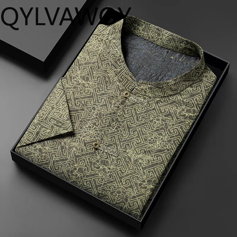 QYLVAWOY 100% Real Mulberry Silk Men's Shirts Xiangyunsha Shirt Short Sleeve Shirts for Man Summer Tops Loose T Shirt Homme 셔츠