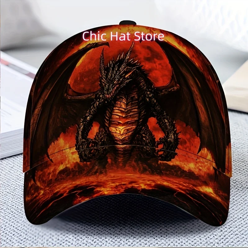 1pc Dragon Print Baseball Cap with Fiery Dragon Design - Adjustable Snapback Hat, Wide-Brim Lightweight for Themed Parties, Drag