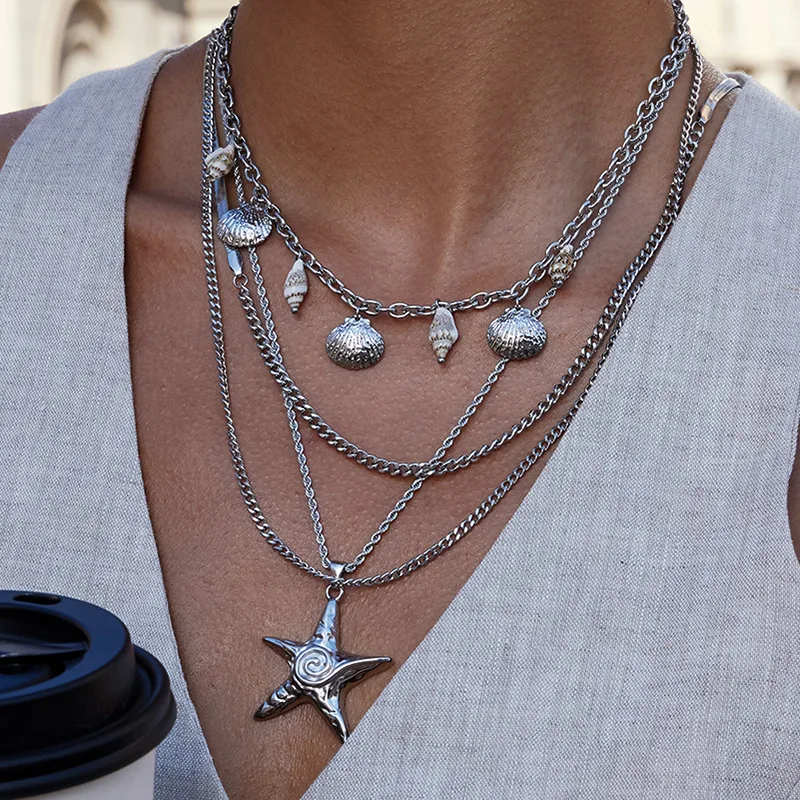 Punk Lava Textured Thick Starfish Pendant Necklace Creative Vortex Big Star Stainless Steel Choker Valentine's Day Gift Jewelry