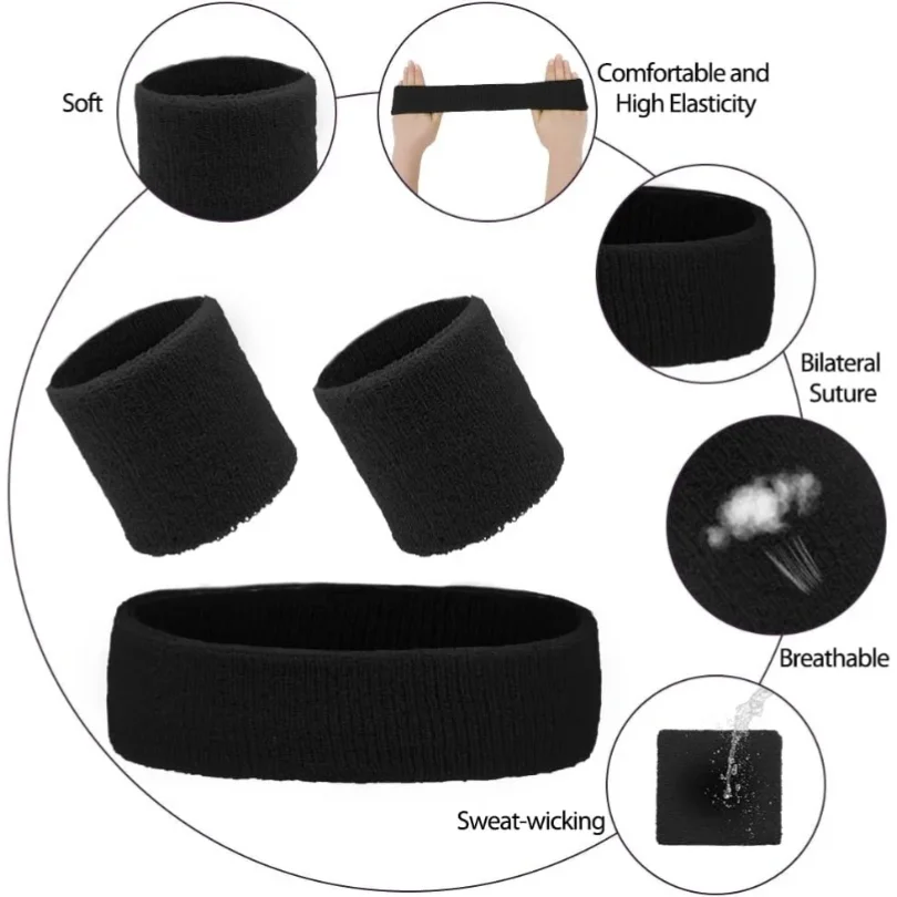 New Hot Athletic Sweatband Hairband Headband Wristband Set in 3-Pack Cotton Head Sweat Bands for Running, Cycling, Yoga, Spa