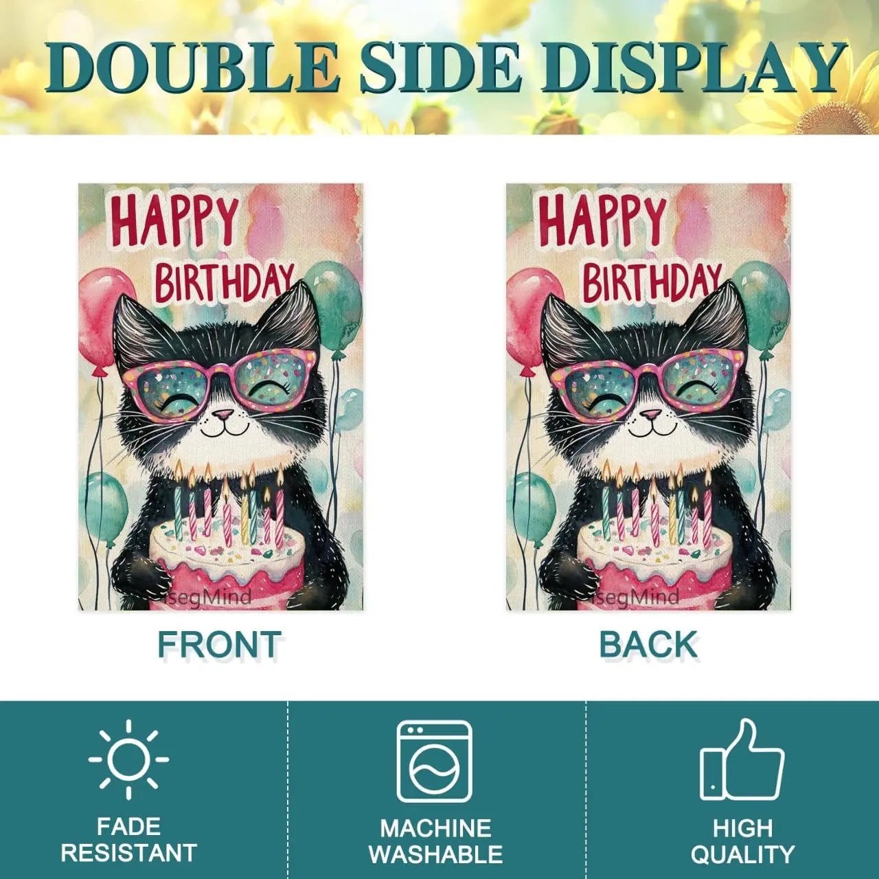 Happy Birthday Garden Flag Tuxedo Cat Garden Flag 12x18 Double Sided Linen, Colorful Balloon Cake Toppers Banner Farmhouse B jjp view 6