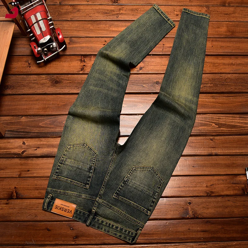 2024 New Autumn Jeans Men's Side Bronzing Printed Fashion Ripped Patch Elastic Slim Fit Long Skinny Pants