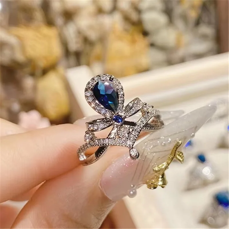 Blue Created Sapphire Rings for Women Fine Jewelry Natural Translucent Jade Ring Wedding Engagement Party Accessories